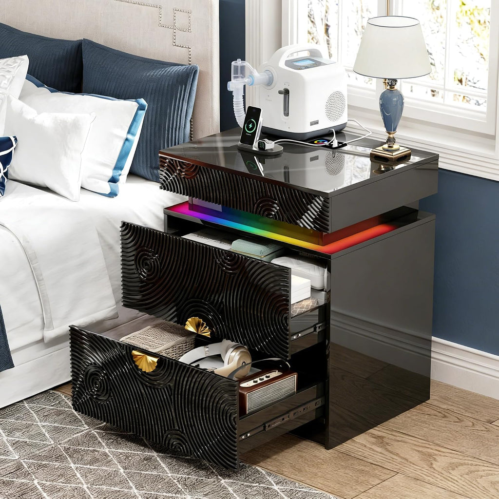 WOOVIVS Bedside Table with 2 Drawers and Sliding Top, RGB Color Changing Lights Sync with Music Rhythm, Lockable Night Stand with Secure Hidden Storage for Bedroom(Black)