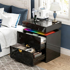 WOOVIVS Bedside Table with 2 Drawers and Sliding Top, RGB Color Changing Lights Sync with Music Rhythm, Lockable Night Stand with Secure Hidden Storage for Bedroom(Black)