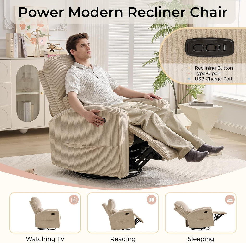Power Swivel Rocker Recliner, Swivel Glider Nursery Electric Recliner Chair with Lumbar Support, Upholstered Rocking Recling Chairs for Adults Nursery, Living Room, Bedroom, Corduroy Camel