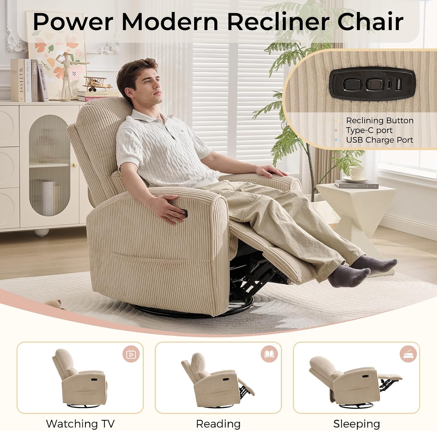 Power Swivel Rocker Recliner, Swivel Glider Nursery Electric Recliner Chair with Lumbar Support, Upholstered Rocking Recling Chairs for Adults Nursery, Living Room, Bedroom, Corduroy Camel