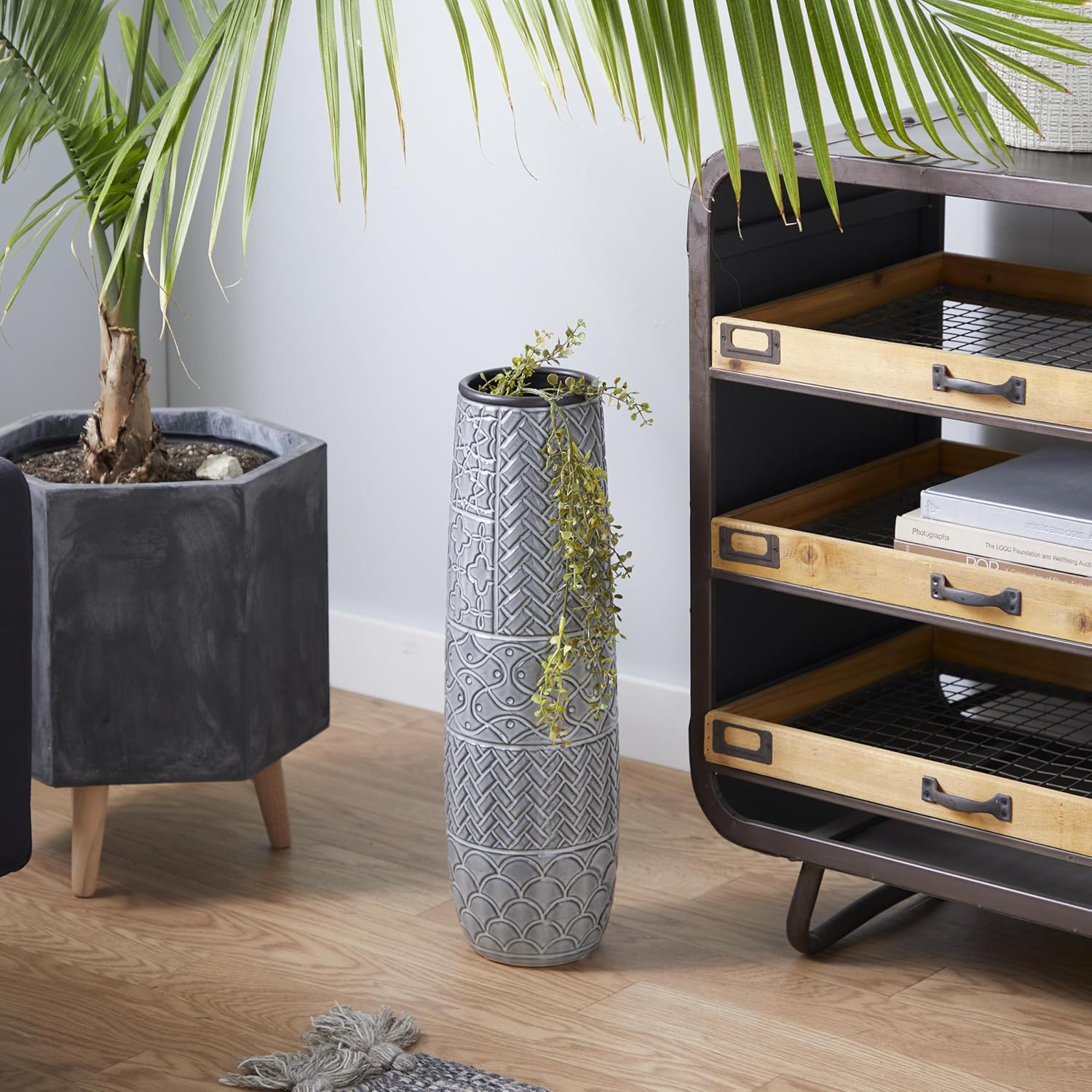 Deco 79 Ceramic Decorative Vase Slim Engraved Patterned Centerpiece Vase, Flower Vase for Home Decoration 7" x 7" x 22", Gray