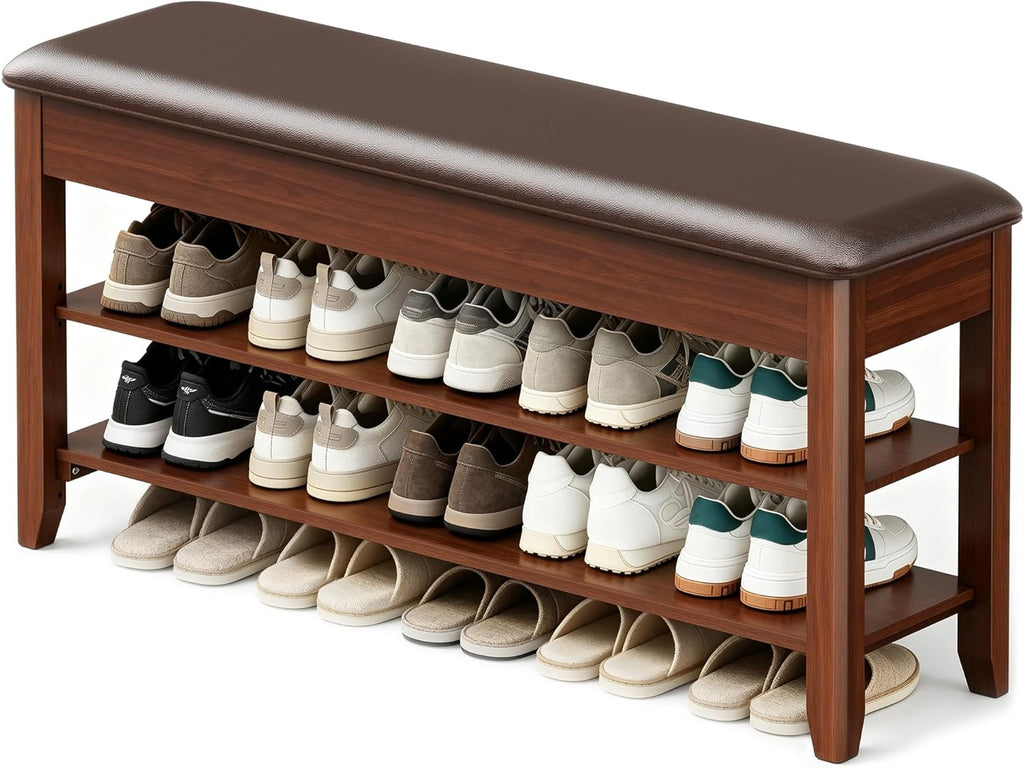 LBT Shoe Bench with Storage, Solid Rubberwood Shoe Rack Bench for Entryway, Adjustable 6.3" Shelf Fits High-Top Shoes & Boots, Hidden Storage Compartment, Cushion Seat, Stay-Open Hinge, Walnut