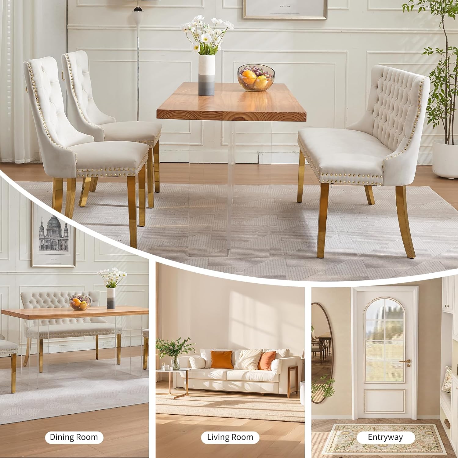 Shenyon Velvet Upholstered Dining Bench with Back, Tufted Loveseat Bench with Gold Stainless Steel Legs and Nailhead Trim, Banquette Seating for Dining Room, Kitchen, Entryway (Beige, Dining Bench)