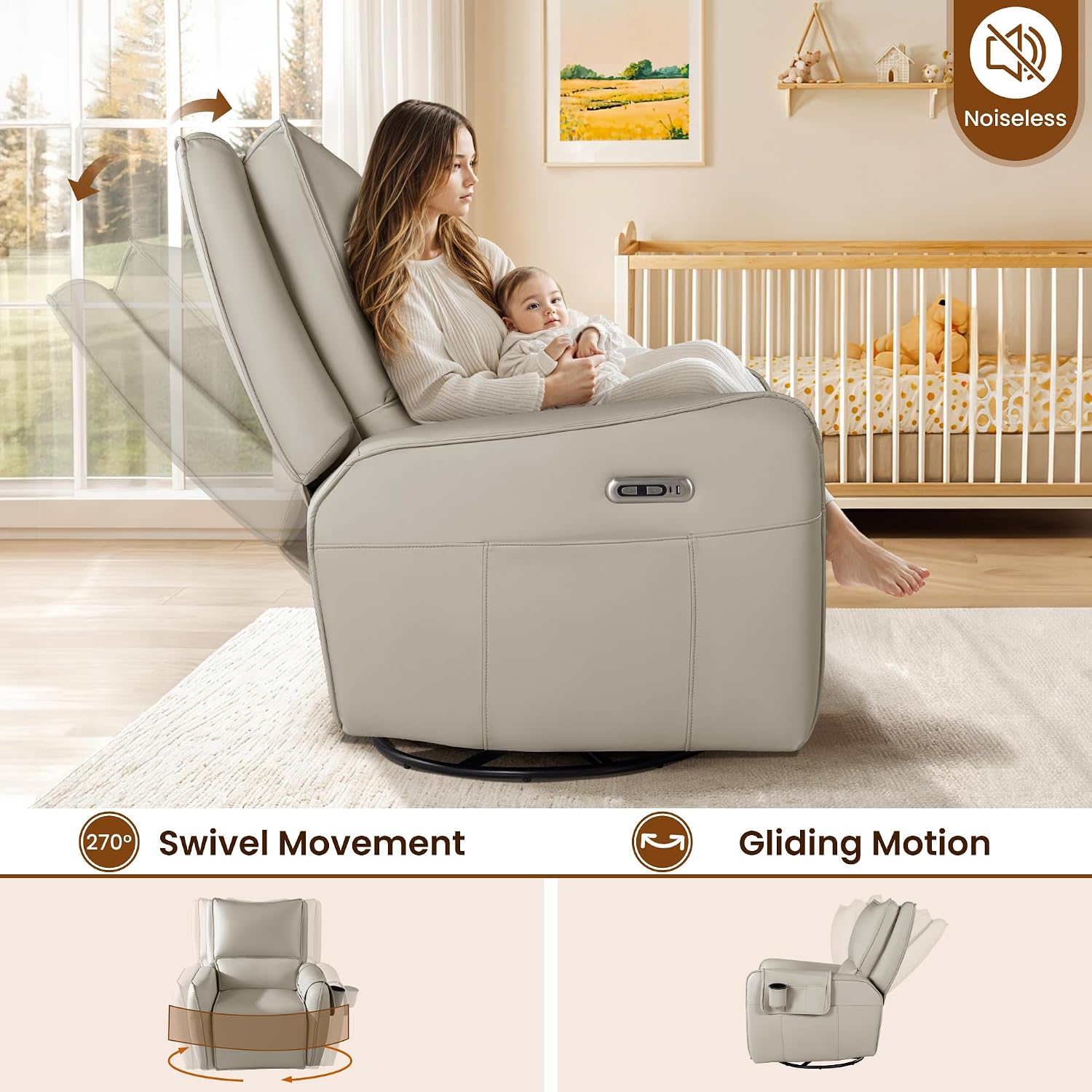 Power Swivel Rocking Recliner- Glider Rocking Chair for Adult - Nursery Glider for Breastfeeding,Quiet Motor, Faux Leather - Swivel Recliner for Living Room, Nursery (Khaki)