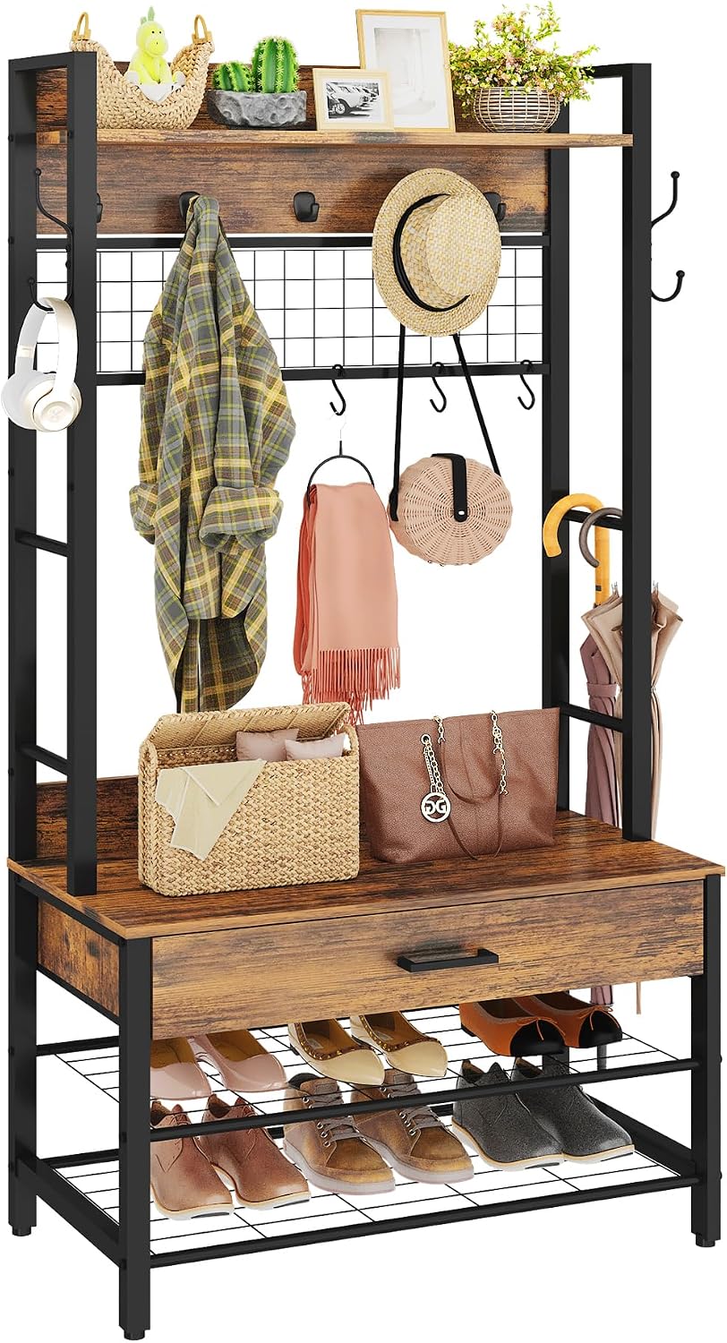 Recaceik Hall Tree with Bench and Shoe Storage, Entryway Coat Rack with Shoe Bench, Industrial Hall Tree with Drawers and 12 Hooks for Bedroom, Living Room