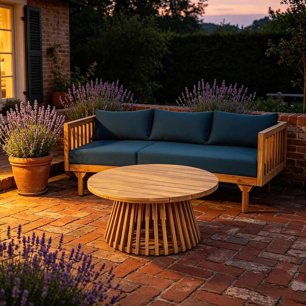 Lounge Chairs for Poolside- 2 Piece Outdoor Patio Furniture Set, Acacia Wood 3-Seater Patio Sofa with Cushions & Round Fluted Coffee Table(Color:Blue)
