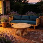 Lounge Chairs for Poolside- 2 Piece Outdoor Patio Furniture Set, Acacia Wood 3-Seater Patio Sofa with Cushions & Round Fluted Coffee Table(Color:Blue)