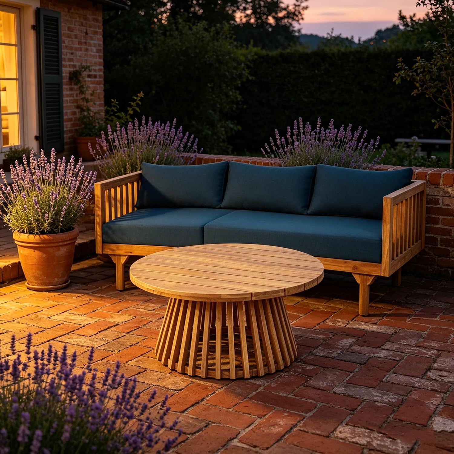 Lounge Chairs for Poolside- 2 Piece Outdoor Patio Furniture Set, Acacia Wood 3-Seater Patio Sofa with Cushions & Round Fluted Coffee Table(Color:Blue)