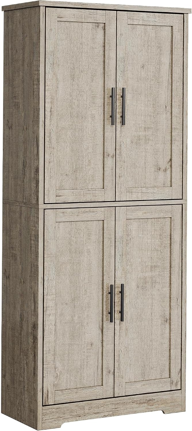 Takywep Modern Tall Freestanding Pantry Cabinet 70", Storage Cupboard with 4 Doors, Adjustable Shelves & Open Shelf, Multipurpose Home Organizer for Living Room, Kitchen, Dining Room, Gray