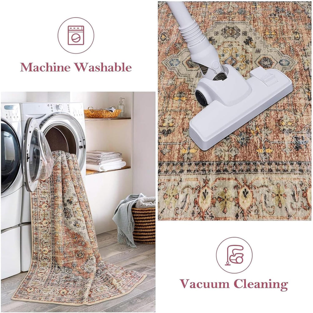 Lahome Oriental Kitchen Runners for Hallways, 2.5x10 Washable Runner Rug Non Slip, Soft Hallway Rug Distressed Ultra-Thin Long Carpet for Bathroom Entryway ‎Bedroom Eleanor, Peach/Orange