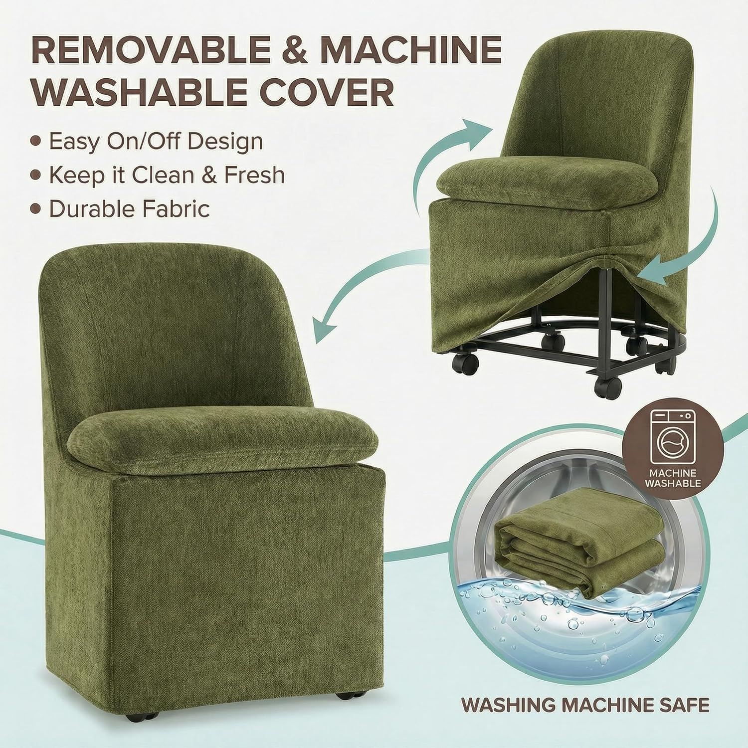 KISLOT Upholstered Dining Chairs Set of 4 with Hidden Casters, Modern Kitchen Chairs with Removable Washable Cover, Padded Dining Room Chairs with Chenille Velvet Fabric & Metal Frame, Green