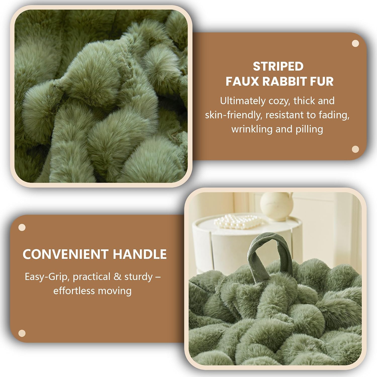 MEGO Kids Fluffy Faux Rabbit Fur Bean Bag Chair Cover(No Filler), Cozy Moss Shaggy Striped Stuffed Animal Storage Bean Bag for Plush Toys, Fuzzy Ribbed Beanbag Cover Kids Girls Teens Adult, Sage Green