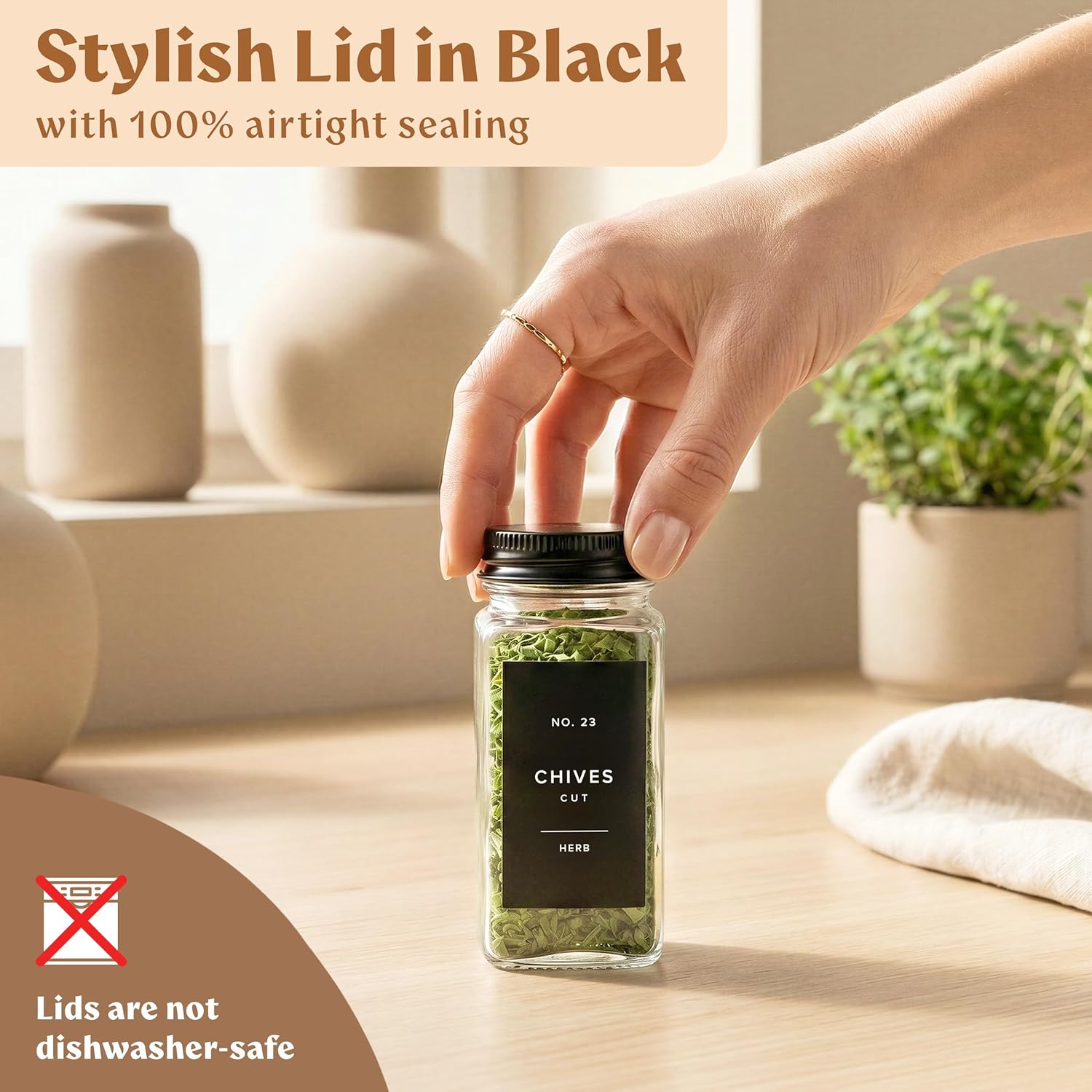 EDELHAUS Glass Spice Jars with Label and Black Aluminium Lids (24 x 4oz) Spice Containers with 240 Labels, Shaker Inserts, Steel Funnel, Empty Square Seasoning Organizer (Black Aluminium Lid)
