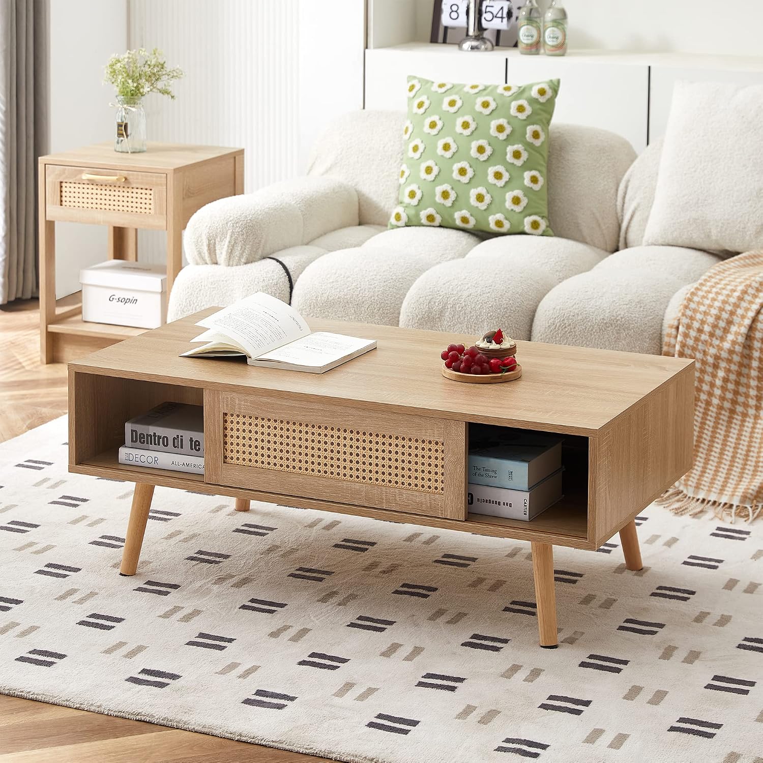 Coffee Table and TV Stand Set of 2, Boho TV Console Coffee Table Set with Sliding Doors, Entertainment Center Set for Living Room (Natural)
