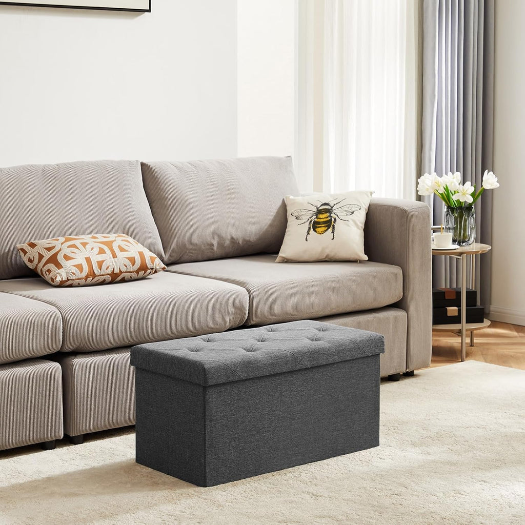 DUMOS 43 Inch Folding Storage Ottoman Bench, Upholstered Ottoman with Storage Holds 660 lbs, End of Bed Foot Rest Stool for Bedroom, Living Room, Entryway, Linen Fabric, Grey
