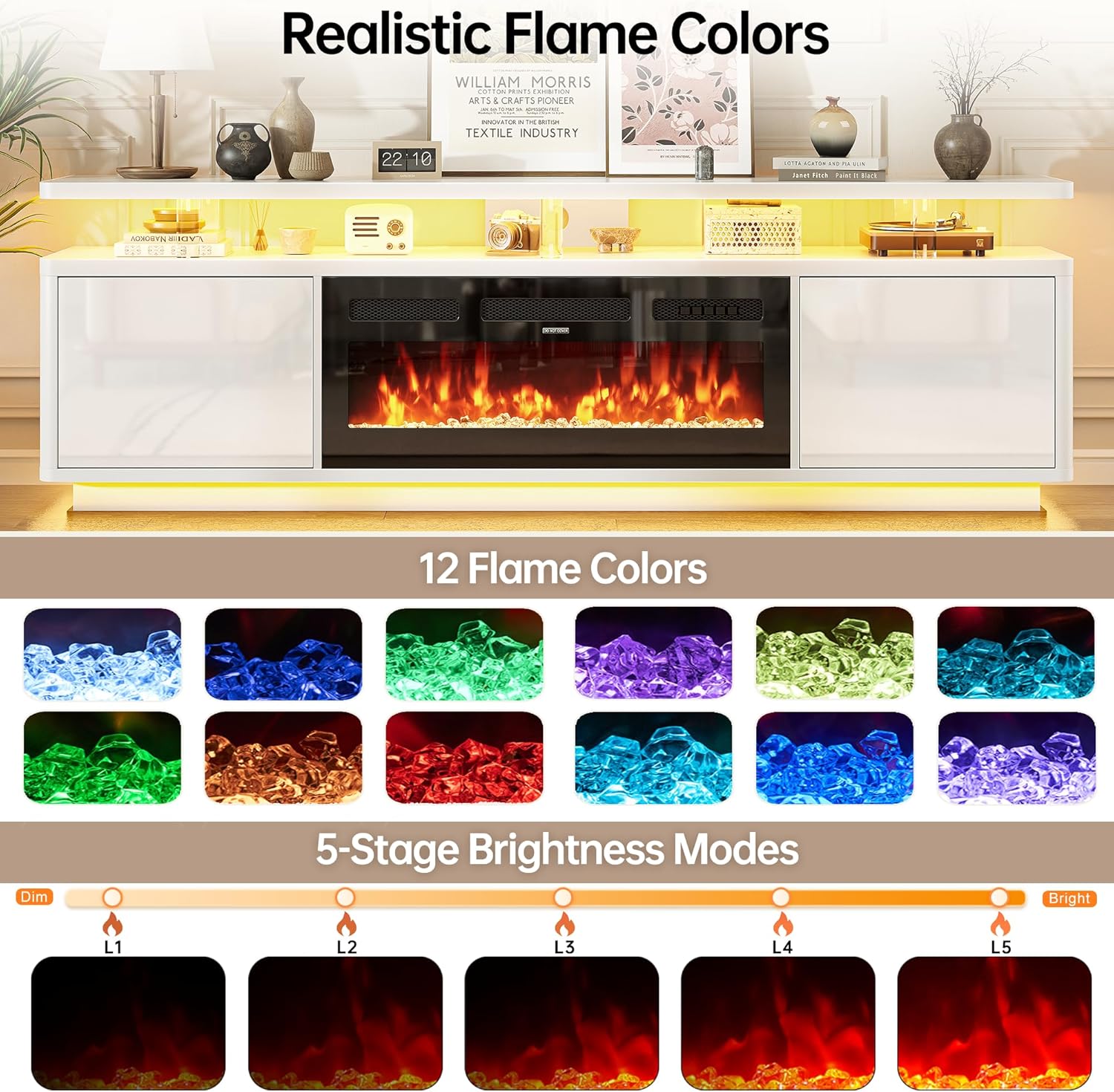 MXV 70" Fireplace TV Stand for TVs up to 80", Entertainment Center with 36" Fireplace & Double LED Lights, TV Console with Storage Cabinets for Living Room, Home Office, White