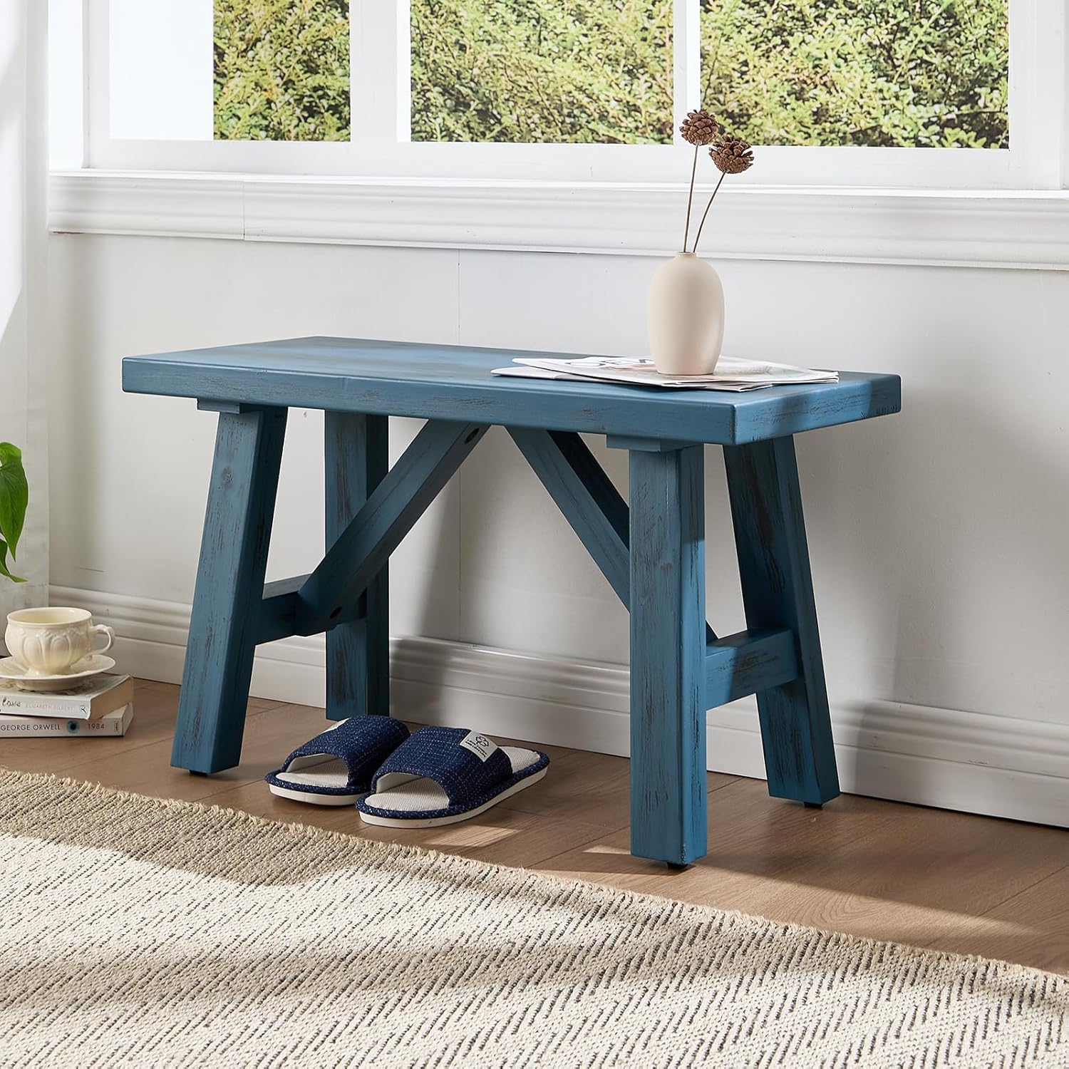 30" Farmhouse Entryway Bench, Rustic Solid Wood Dining Room Bench Small Entryway/Hallway Bench for Indoors Entry Way Seating for Living Room, Hallway, Porch, Easy Assembly, Blue
