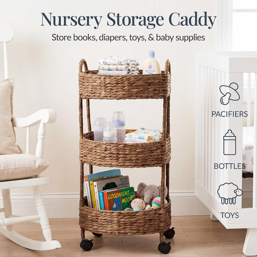 Best Choice Products 3-Tier Round Rolling Nursery Caddy w/Wheels, Handwoven Utility Cart, Storage Organization for Bathroom, Craft Room, Laundry Room - Chestnut