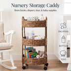 Best Choice Products 3-Tier Round Rolling Nursery Caddy w/Wheels, Handwoven Utility Cart, Storage Organization for Bathroom, Craft Room, Laundry Room - Chestnut