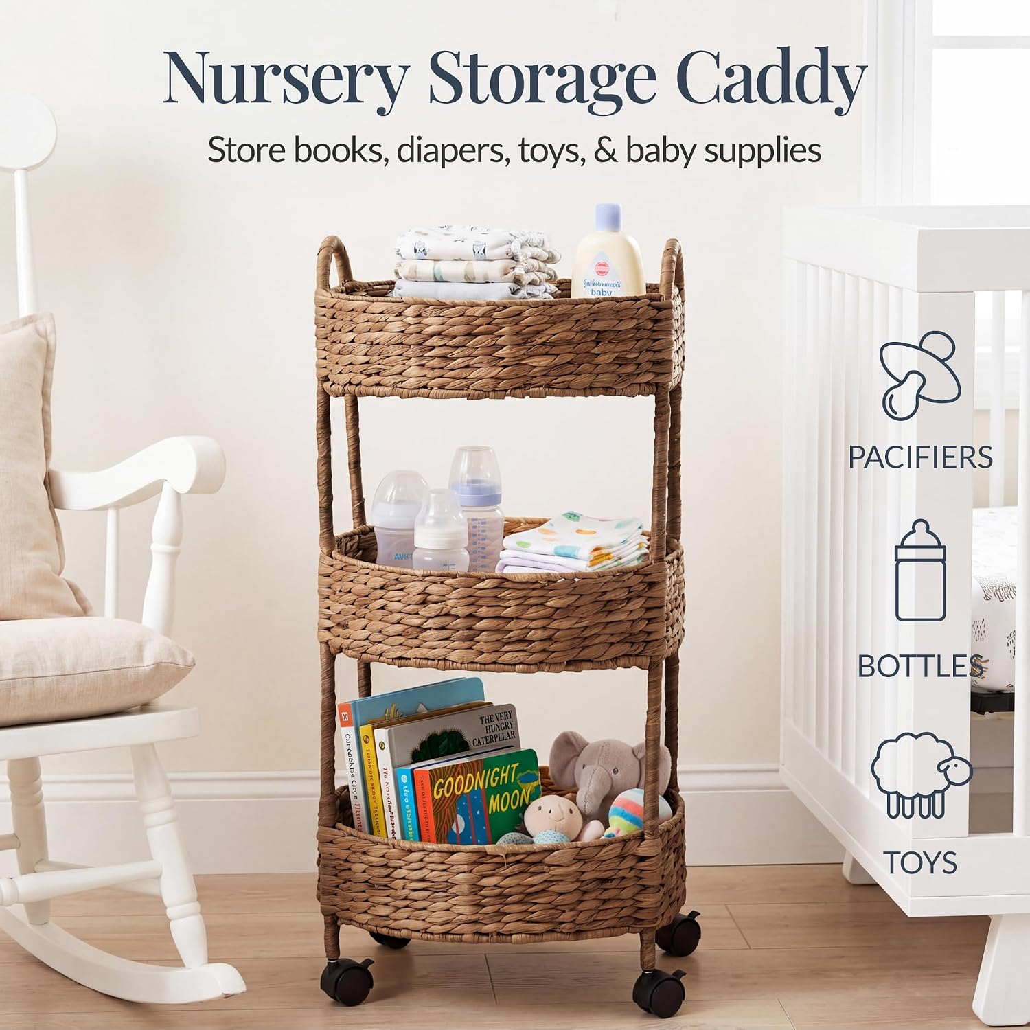 Best Choice Products 3-Tier Round Rolling Nursery Caddy w/Wheels, Handwoven Utility Cart, Storage Organization for Bathroom, Craft Room, Laundry Room - Chestnut