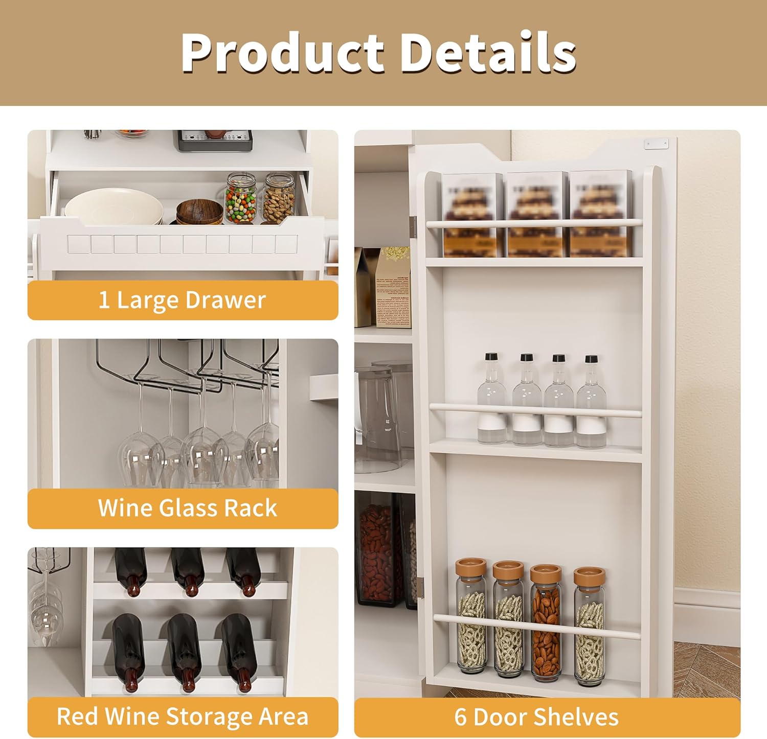 70.8" Tall Pantry Cabinet with Hutch, Sideboard Storage Cabinet with Drawer for Dining Room, Living Room, Wine Bar Cabinet for Liquor and Glasses for Coffee Bar, White