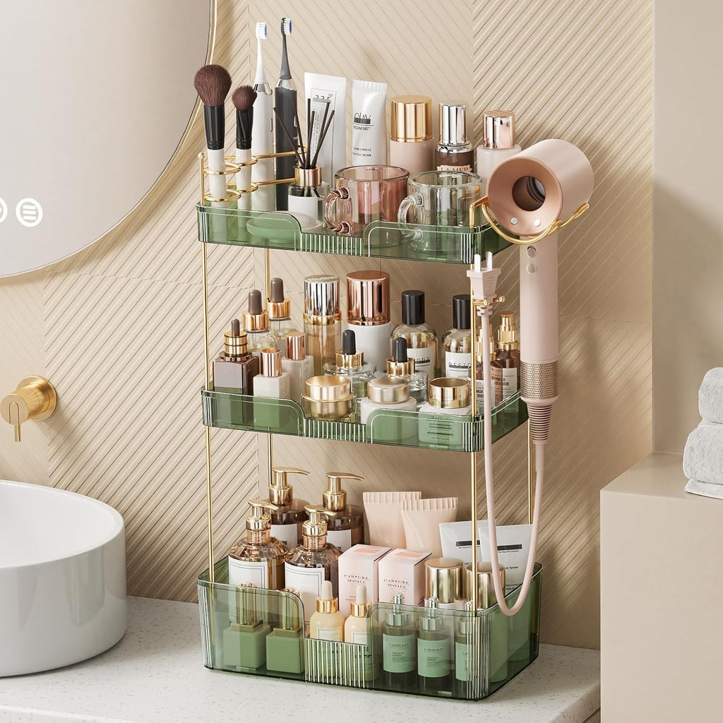 Bathroom Counter Organizer for Vanity, Makeup Organizer Countertop with Holder, Large Capacity Storage Rack, Perfect Large Skincare, Hair Care, Perfume, Easy to Install (Green, 3Tiers)