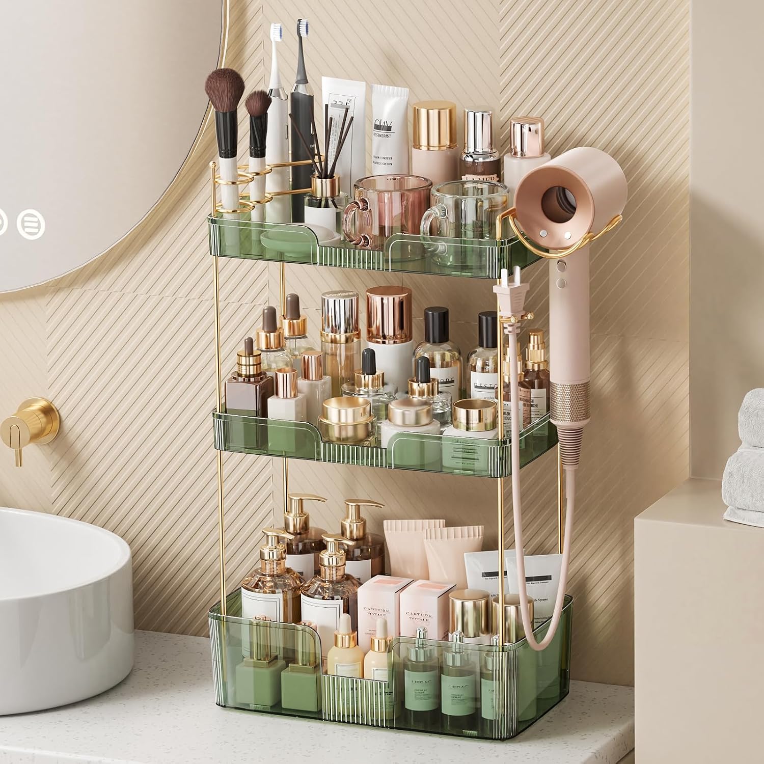 Bathroom Counter Organizer for Vanity, Makeup Organizer Countertop with Holder, Large Capacity Storage Rack, Perfect Large Skincare, Hair Care, Perfume, Easy to Install (Green, 3Tiers)