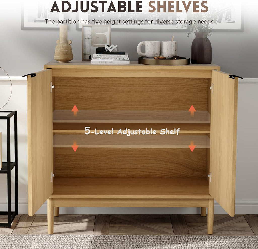 Otterease Fluted Buffet Cabinet with Storage, Wooden Sideboard with Doors & Adjustable Shelves, Modern Accent Cabinet for Kitchen, Living Room, Entryway, Hallway, Natural