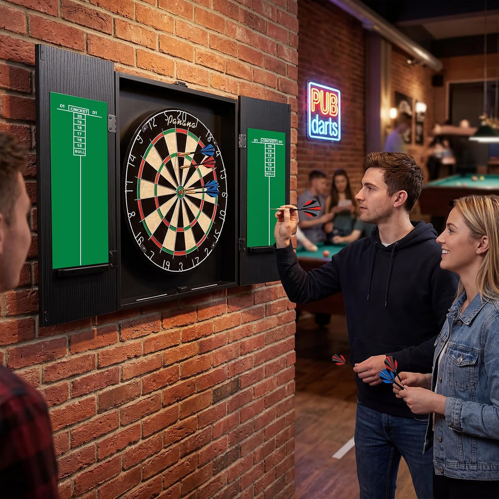 Panana Steel Tip Dartboard Cabinet Set with 6 Darts, 2 Sets of Flights, and Scoreboard Doors for Family Game Pub Target Board