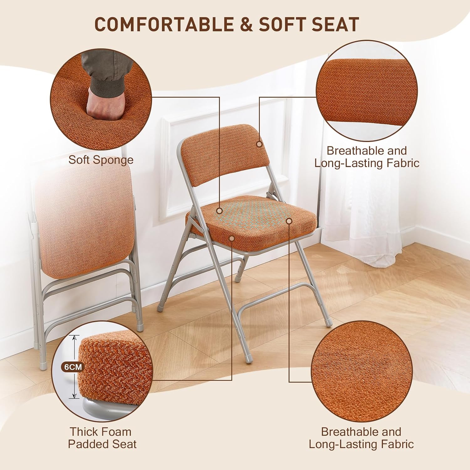 BOOSDEN Thick Padded Folding Chairs, Single Upholstered Foldable Chair, Comfortable Metal Chairs, Folding Chair with Fabric Cushion, Stackable Fold Up Chair for Kitchen Office Wedding Party (Tawny)