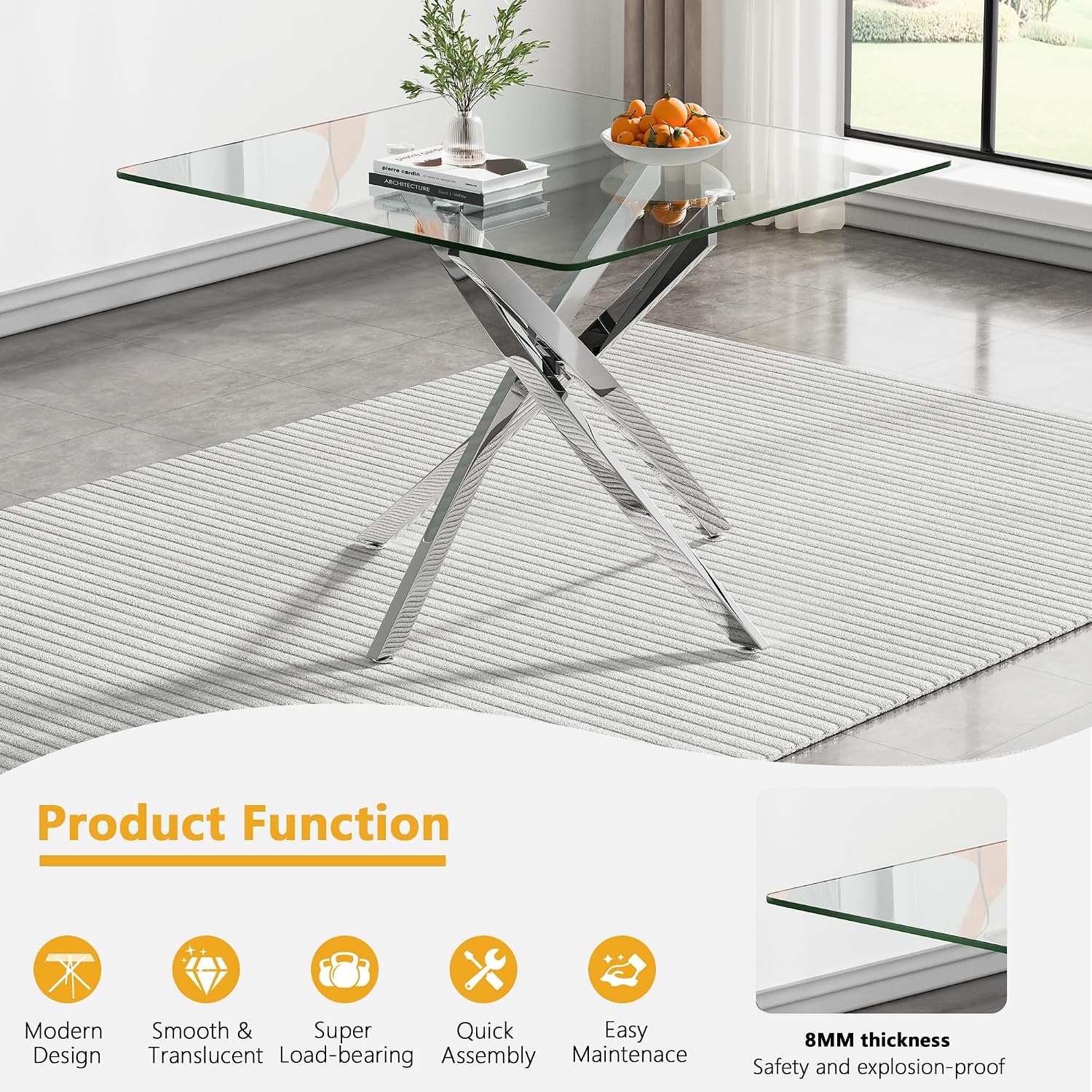 36 inch Square Glass Dining Table, Modern Dining Table for 4, Square Kitchen Table with Tempered Glass Top & Silver Chrome Metal Legs for Dining Room, Living Room, Apartment, Small Space