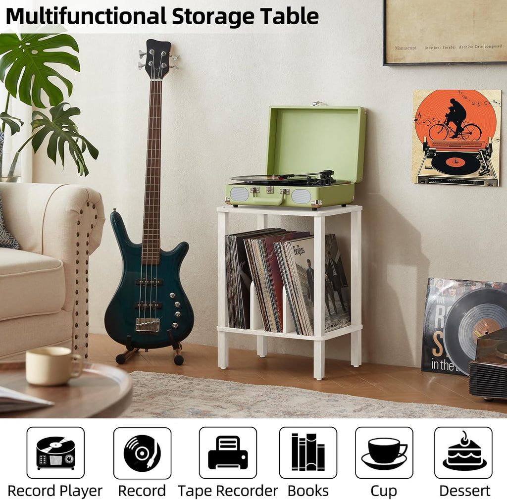 LELELINKY 2-Tier Record Player Stand with Vinyl Record Storage up to 100 Albums, Bedroom Record Holder and Multi-Functional End Table for Living Room, Grey White
