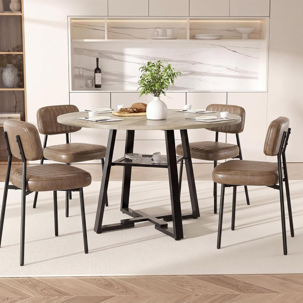 Dining Table Set for 4,Round Storage Kitchen Table and Chairs for 4,5 Piece 47Inch Circle Table Faux Leather Dining Room Chiars Set for Kitchen,Dining Room,Dinette（Grey Table,Brown Chairs）
