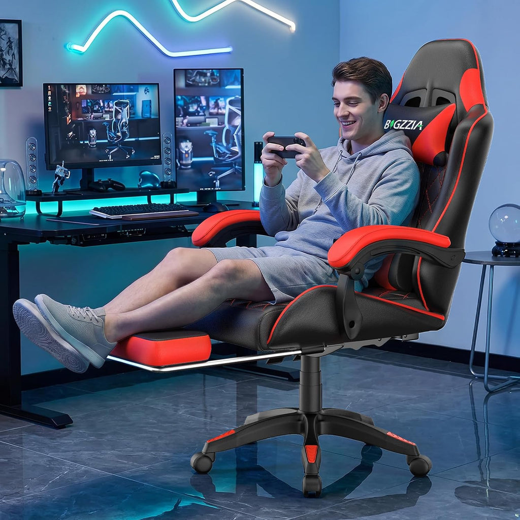 Bigzzia Gaming Chair with Footrest, Ergonomic Computer Chair with Breathable Cushion, Adjustable Headrest, Lumbar Support, 90°-135° Recline Gaming Chairs for Adults, Black Red
