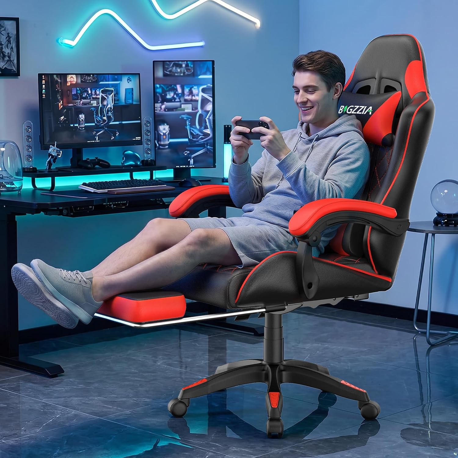 Bigzzia Gaming Chair with Footrest, Ergonomic Computer Chair with Breathable Cushion, Adjustable Headrest, Lumbar Support, 90°-135° Recline Gaming Chairs for Adults, Black Red
