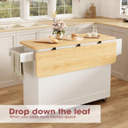 GRUSIGN Kitchen Island with Storage, 41.7" Rolling Cart with Drop Leaf, Portable Island Table on Wheels, Spice Rack, Towel Rack and Drawer, White, 41.7" L x 29.5" W