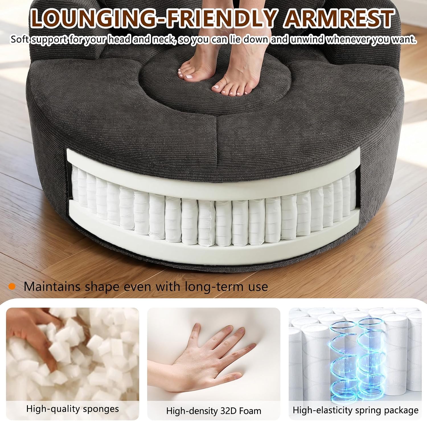 (New) Round Boneless Chair Lounger Indoor, Circle Couch With 2 Pillows for Living Room, Cozy Cuddle Chair In a Box With Curved Armrest And Backrest, Heart Shaped, No Assambly Needed (Gray Black)