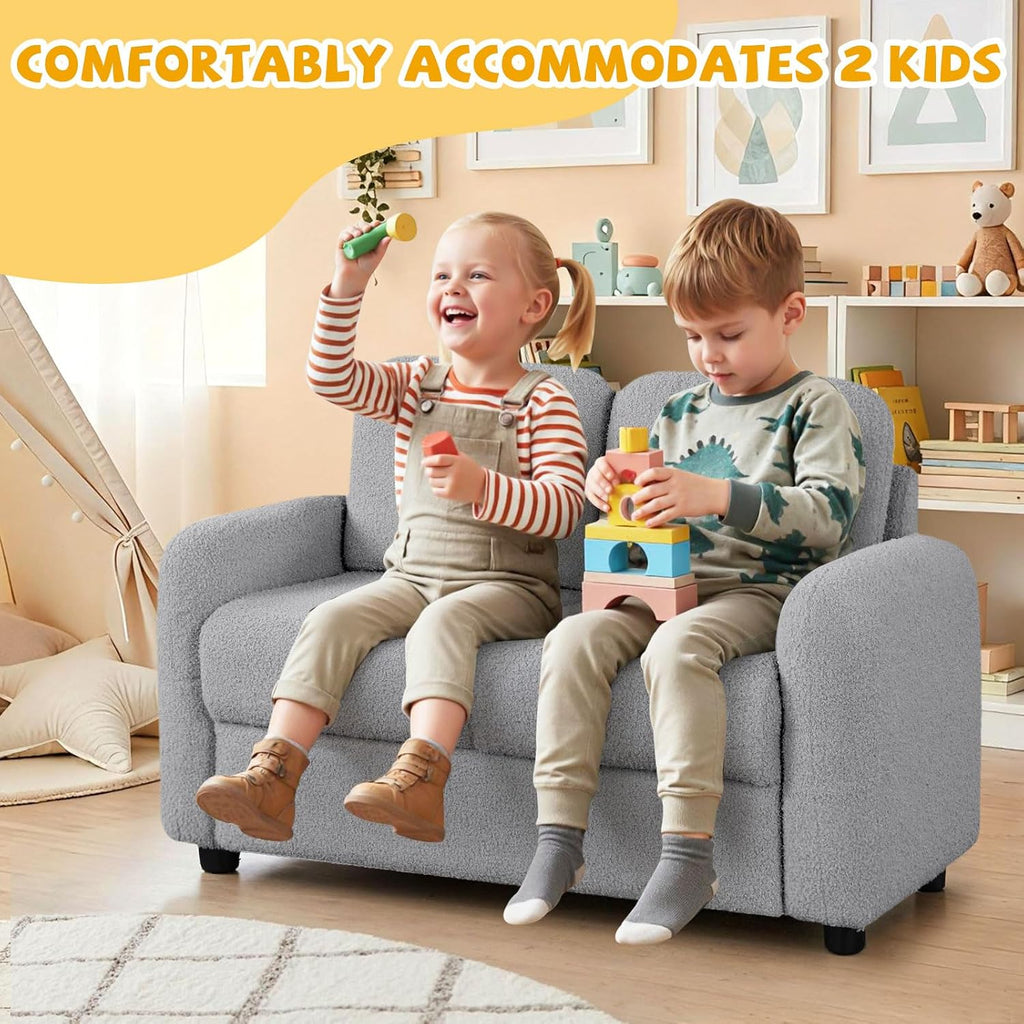 Costzon Kids Couch, 2 Seat Toddler Armrest Chair w/Teddy Fleece Upholstery & Solid Wooden Frame, Double Seat Children's Sofa for Preschool, Bedroom, Playroom, Daycare, Ideal Gift for Girls Boys