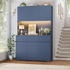 FINETONES 71" Pantry Cabinet with Power Outlets and Led Lights, Large Kitchen Hutch Storage with Microwave Stand, Tall Pantry Kitchen Cabinet with Cupboard, Blue