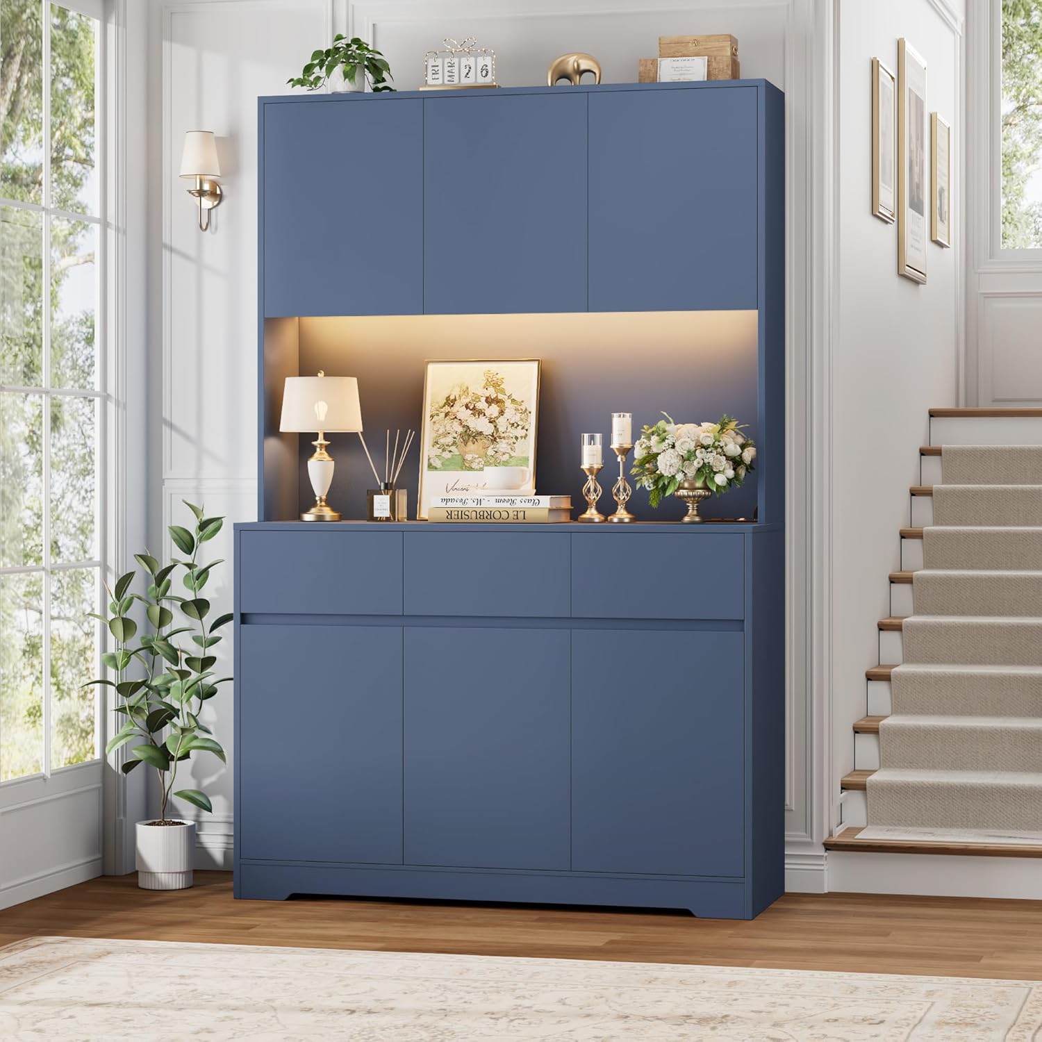 FINETONES 71" Pantry Cabinet with Power Outlets and Led Lights, Large Kitchen Hutch Storage with Microwave Stand, Tall Pantry Kitchen Cabinet with Cupboard, Blue