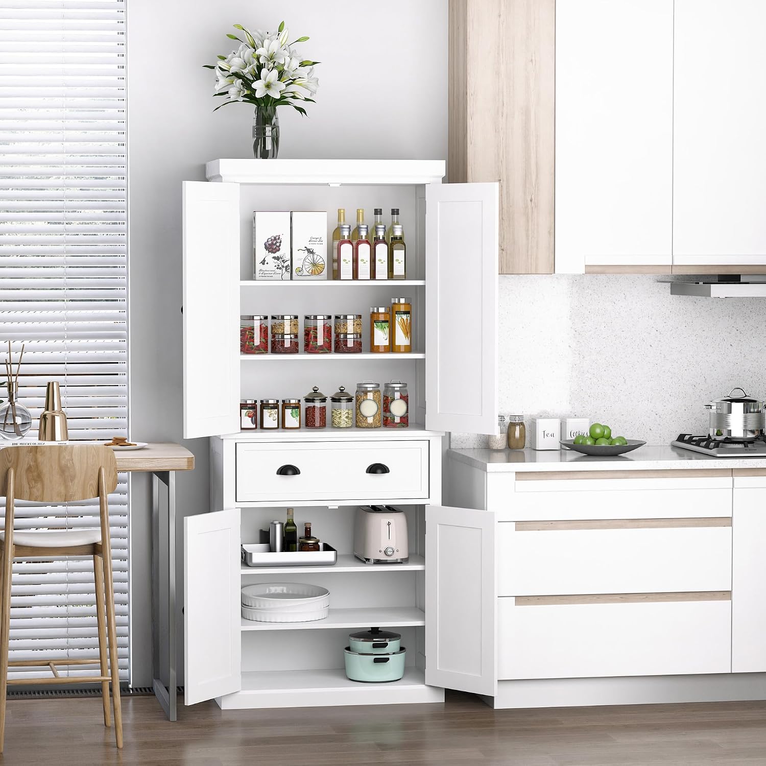 72" Freestanding Kitchen Pantry Cabinet, Tall Storage Cabinet with 2 Door Cupboards, Drawer and Adjustable Shelves, White,16 * 30 * 72.5