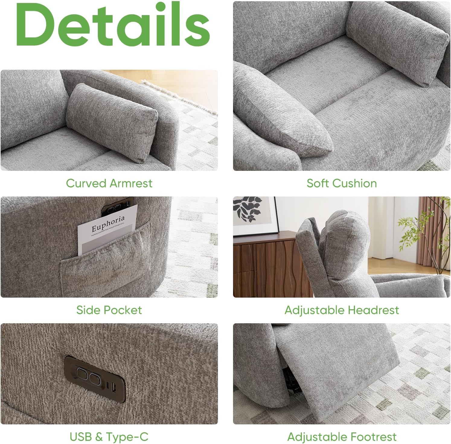 Oversized Power Recliner with Massage and Heat, Swivel Rocker Recliner with Adjustable Headrest, Glider Recliner Nursery Chair with 2 Pillows, rocking nursery recliner for Living Room,Light Grey
