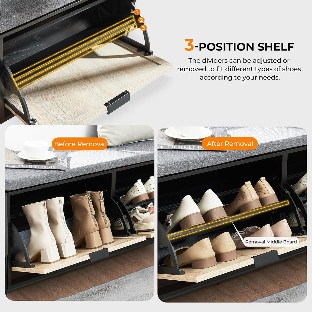 Shoe Storage Bench with 2 Flip Drawers, Shoe Organizer Cabinet Benches with Cushion Shoe Rack for Front Door Entrance Entryway Living Room(Oak&Black)