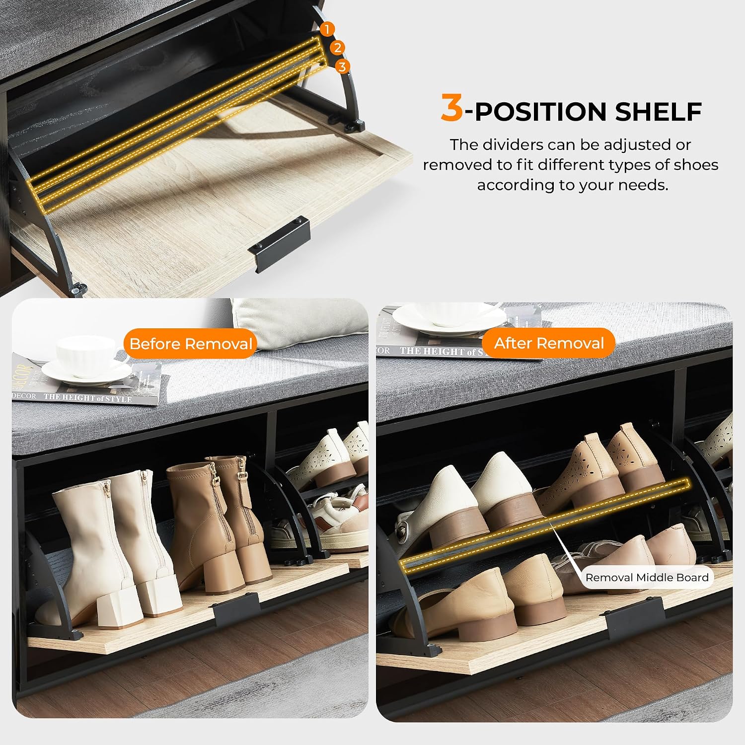 Shoe Storage Bench with 2 Flip Drawers, Shoe Organizer Cabinet Benches with Cushion Shoe Rack for Front Door Entrance Entryway Living Room(Oak&Black)