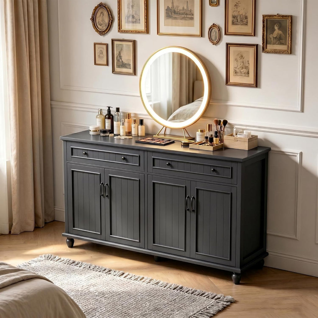 Scurrty Sideboard Buffet Cabinet, 62'' Large Storage Cabinet with Drawers and 4 Doors, Vintage Coffee Bar Cabinets with Adjustable Shelf for Kitchen, Living Room, Black