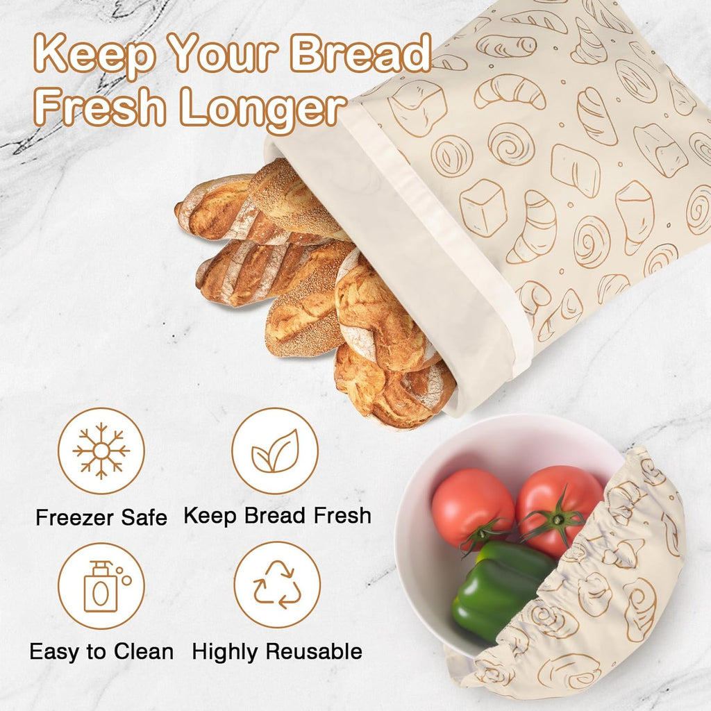 LAKE OF FIRE 16.9"x12.6" Reusable Bread Storage Bags for Homemade Bread with Reusable 2 Sourdough Proofing Covers,Food Cloth Bag Storage Box (Beige + Bread)