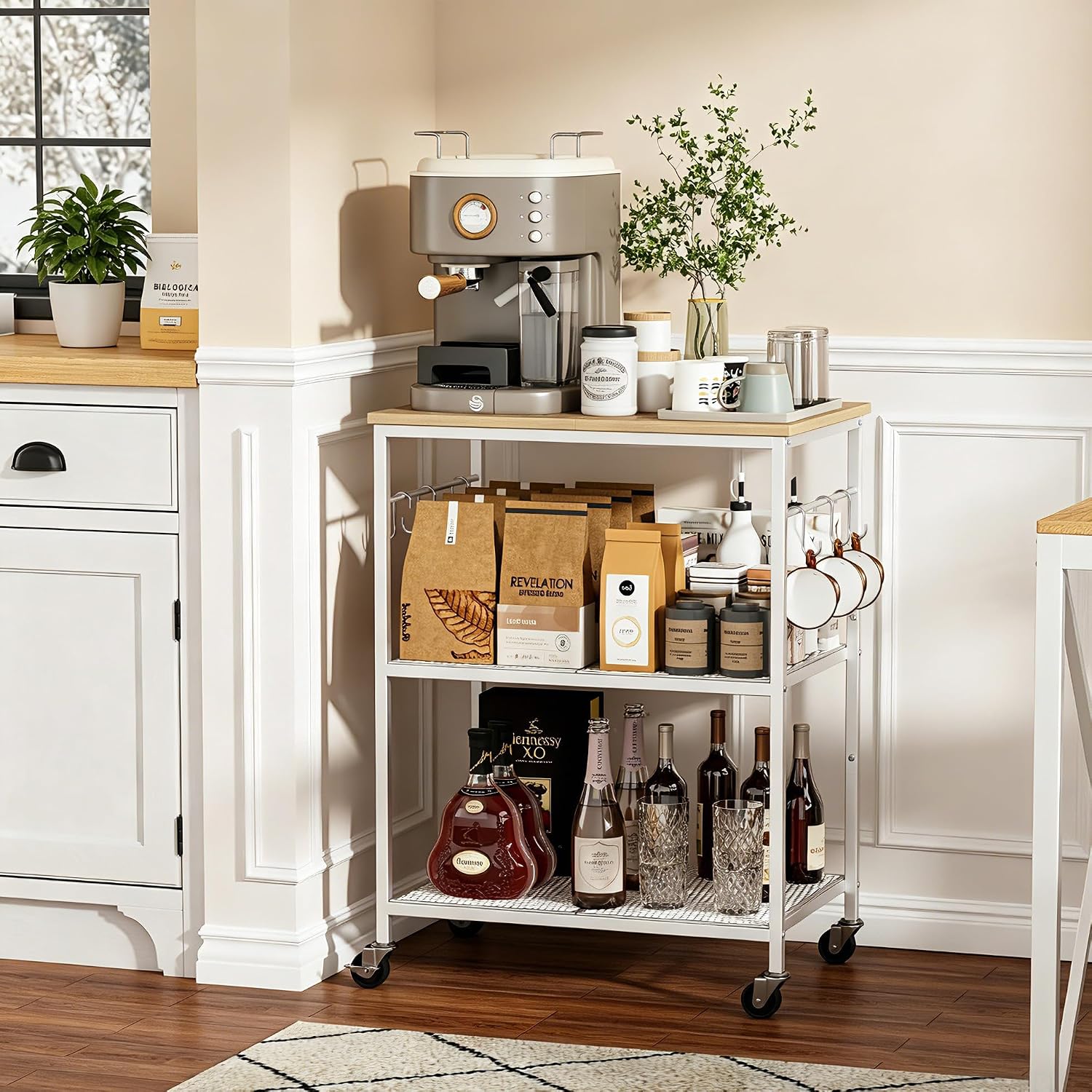 Homleke 3-Tier Rolling Kitchen Microwave Cart, Kitchen Utility Cart on Lockable Wheels, Coffee Bar Table Station with 6 S-Shaped Hooks, Small Appliance Storage Shelf, White and Natural KC40D