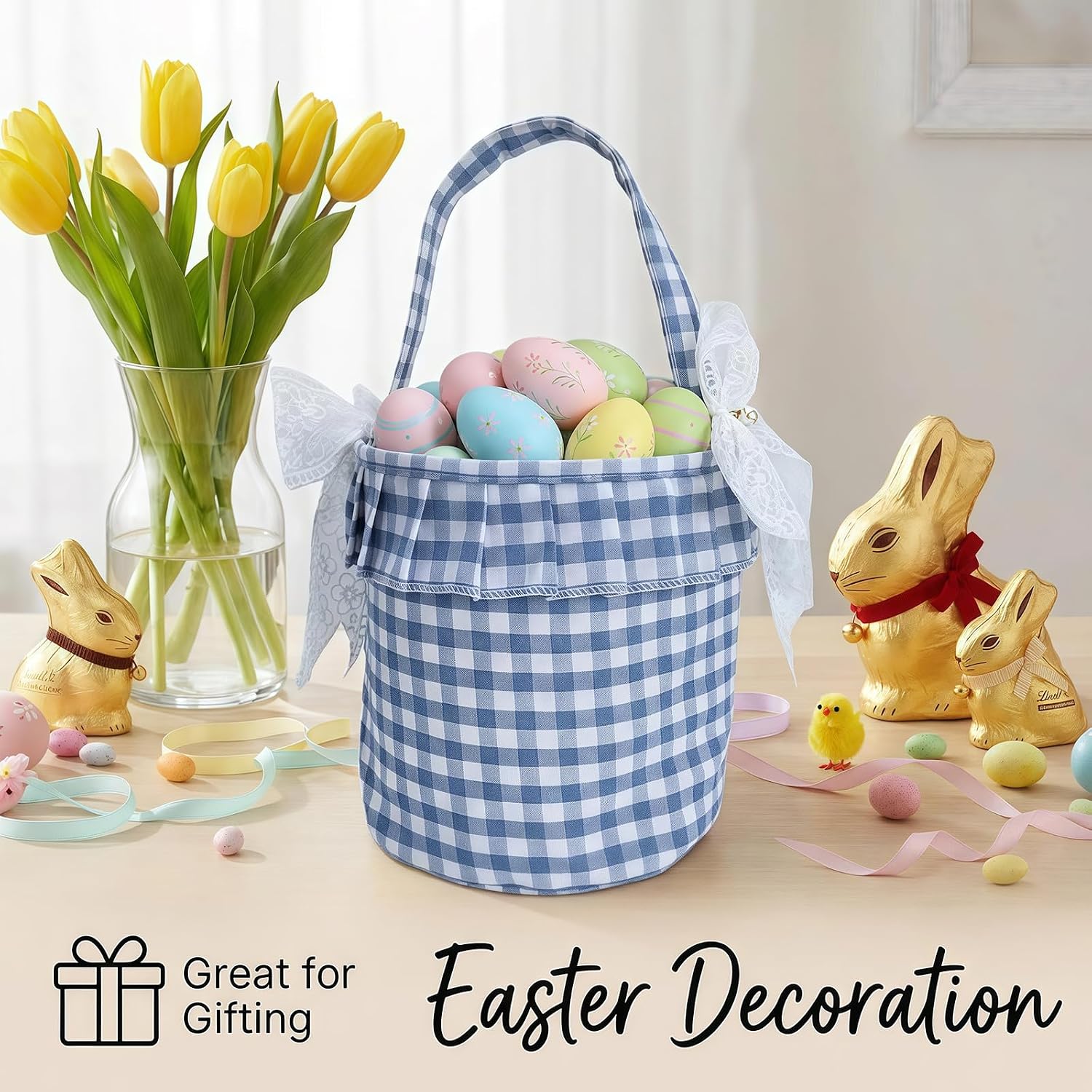 Primst Easter Bunny Baskets for Kids –Striped Fabric Egg Hunt Bags with Handles & Detachable Bows, Reusable Candy Buckets for Easter, Halloween Trick or Treat, Party Favors & Home Storage