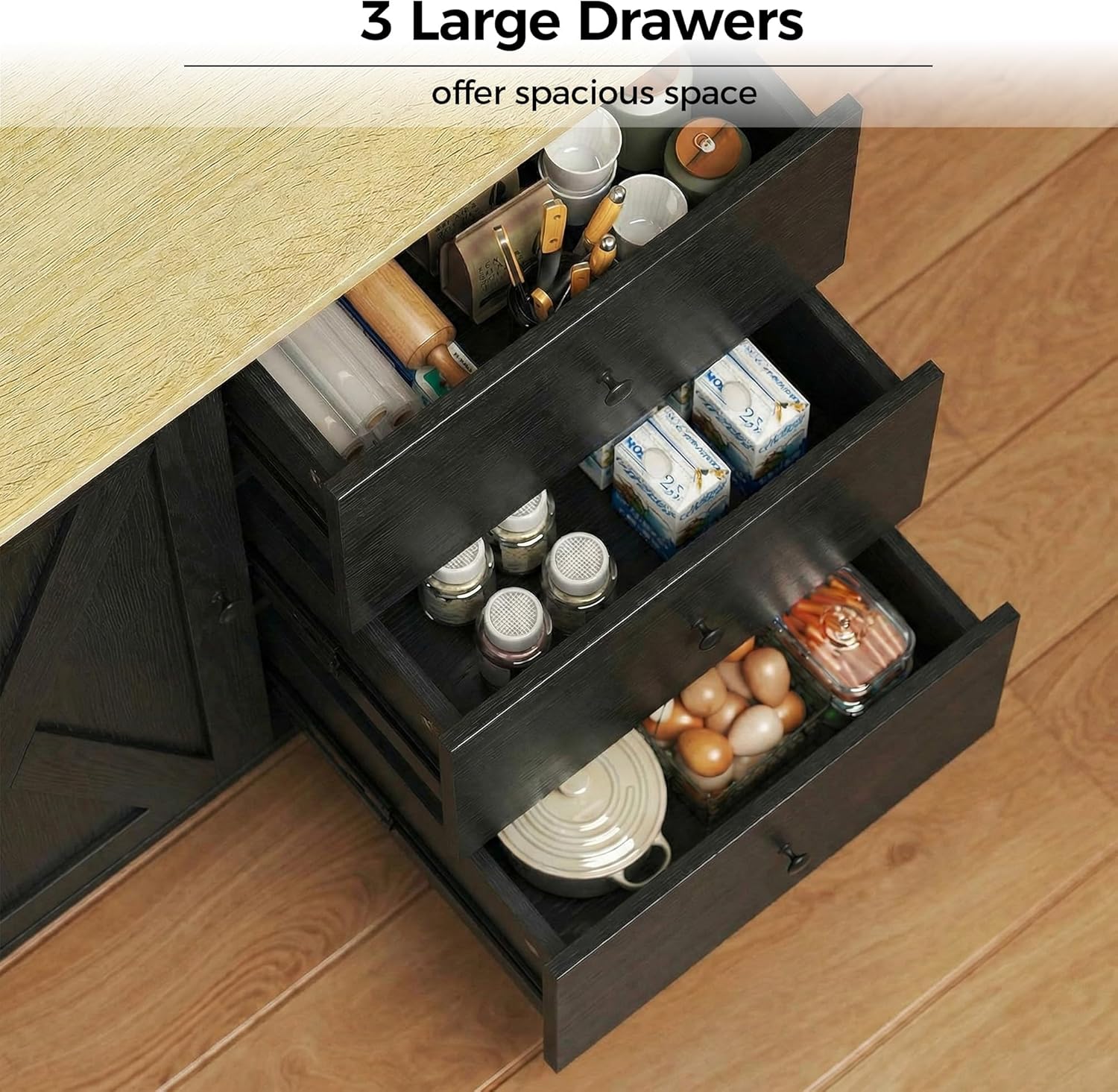 IRONCK Kitchen Island with Storage, 47.2in Rolling Island on Wheels, Kitchen Cart with Drop Leaf, 3 Spacious Drawers, Storage Cabinets and Towel Rack for Home, Dining Room
