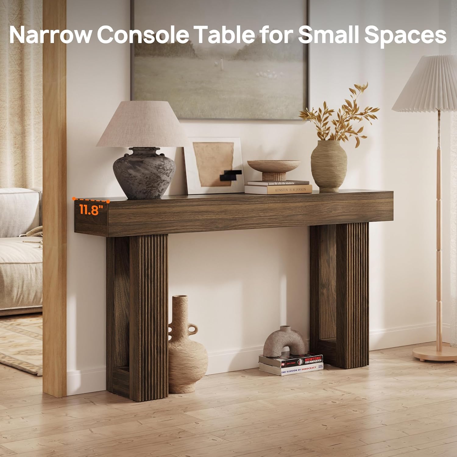 63" L x 33" H x 12" D Fluted Console Table, Ribbed Entryway Table, Mid Century Modern Japandi Sofa Table Behind Couch, Chunky Wood Hallway Table for Living Room, Walnut Brown
